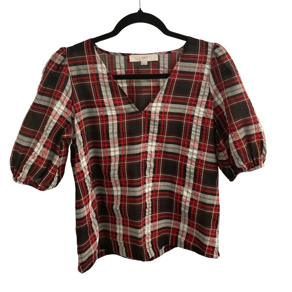 Loft Plaid Red & Black Puff Sleeve Top Size XXS